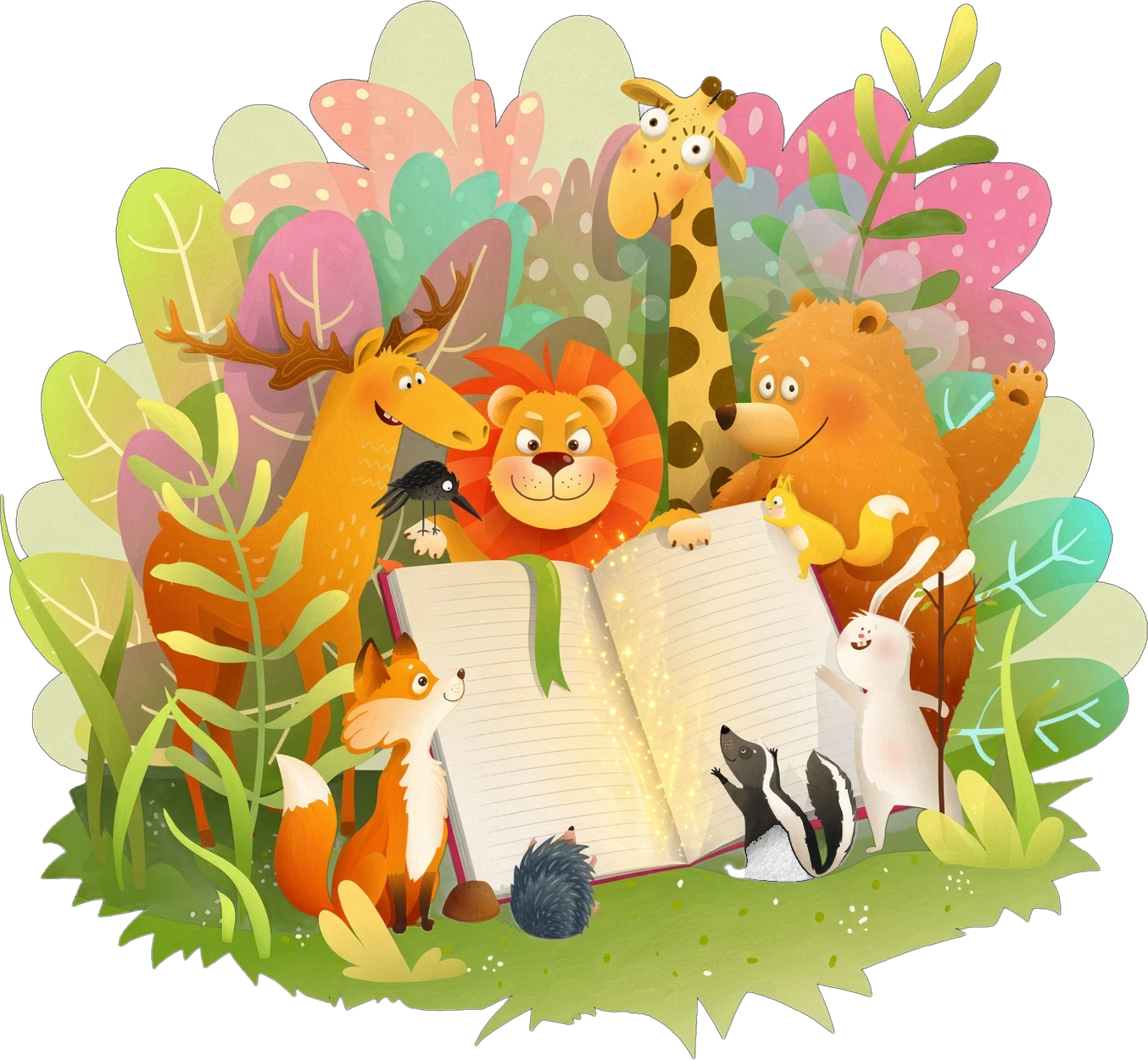 Forest animals gathered around an open storybook