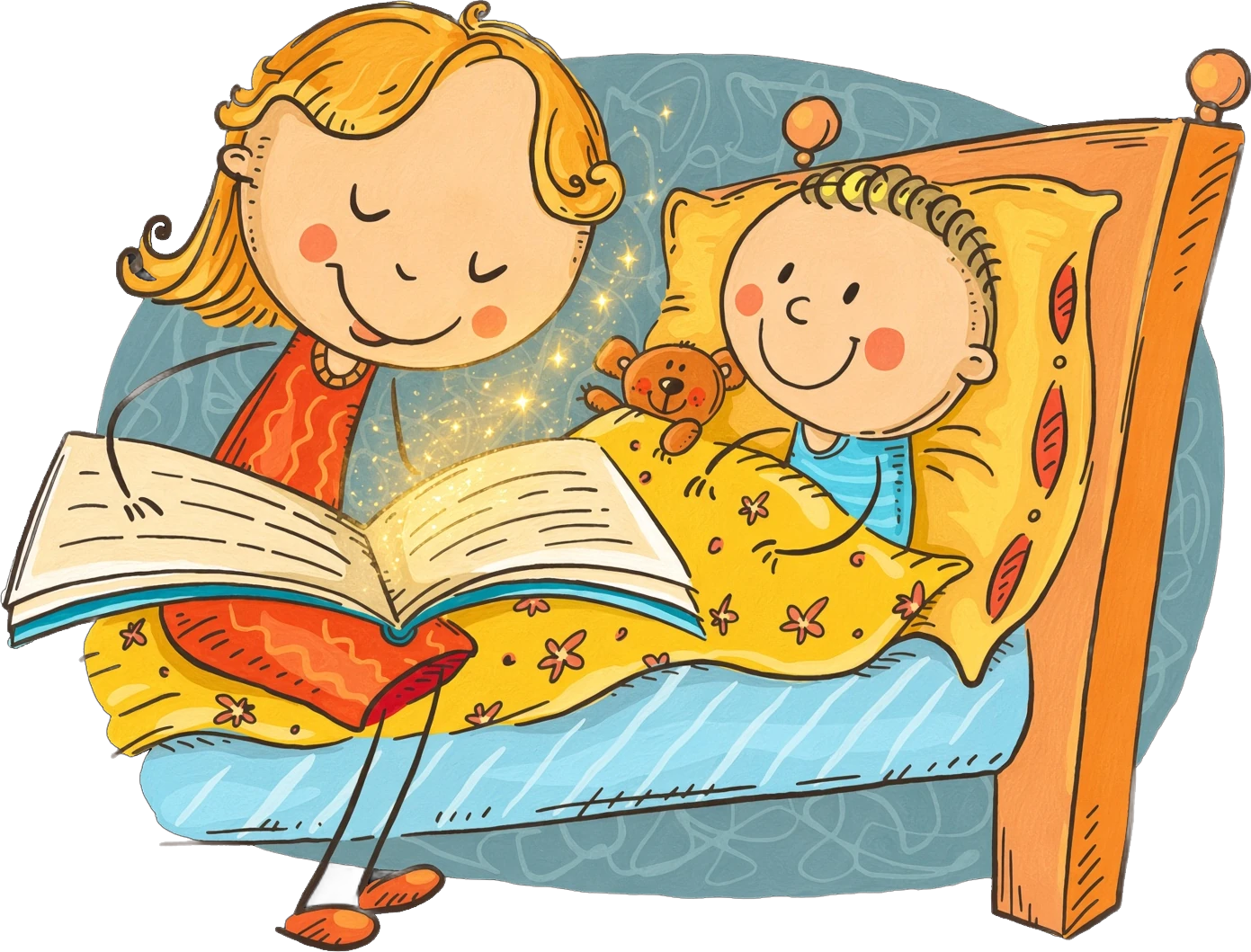 A parent reading a bedtime story to a child in bed