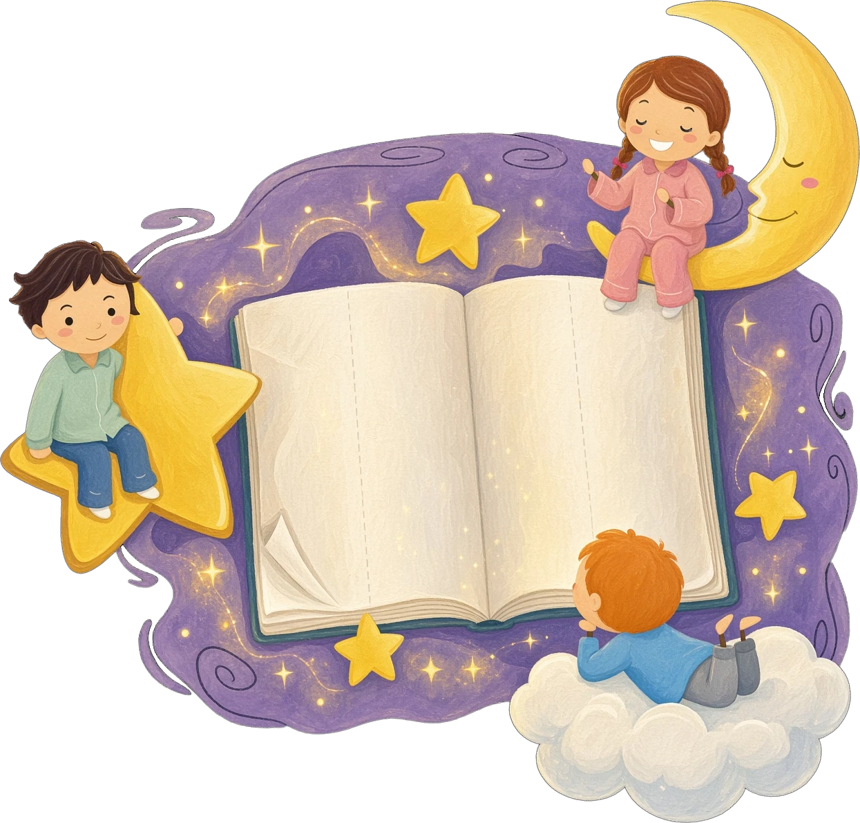 Children floating around a giant open book among the stars