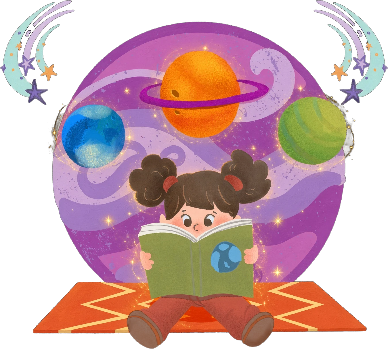 A girl reading on a magic carpet in front of colourful planets